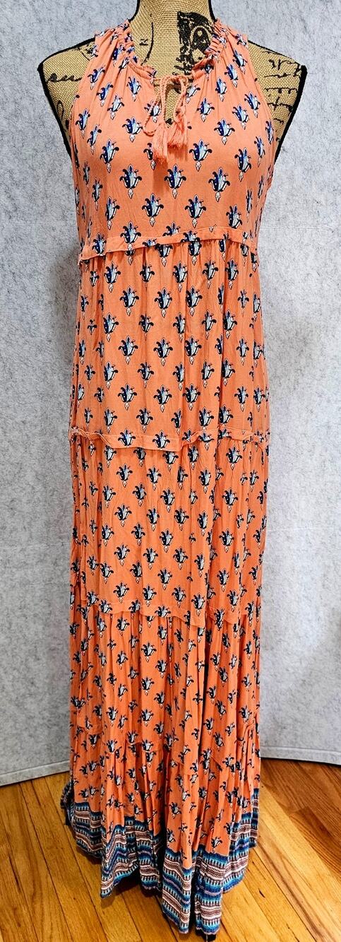 Beach Lunch Lounge Tiered Ruffle Maxi Dress, Floral, Medallion, Tassel, Sz XS